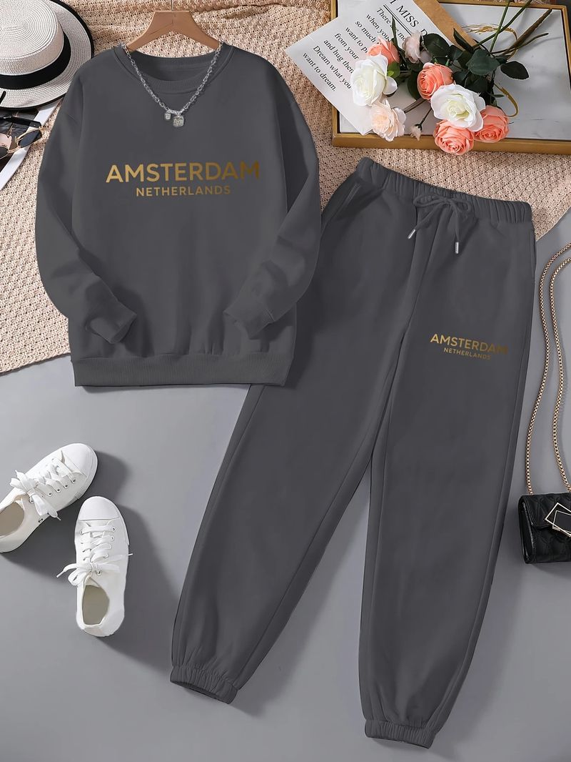 Damen-Sweatshirt-Set aus Samt, langärmliges Rundhals-Pullover-Oberteil und Hose, locker sitzender, warmer Sport-Trainingsanzug für Herbst und Winter_voghion.com