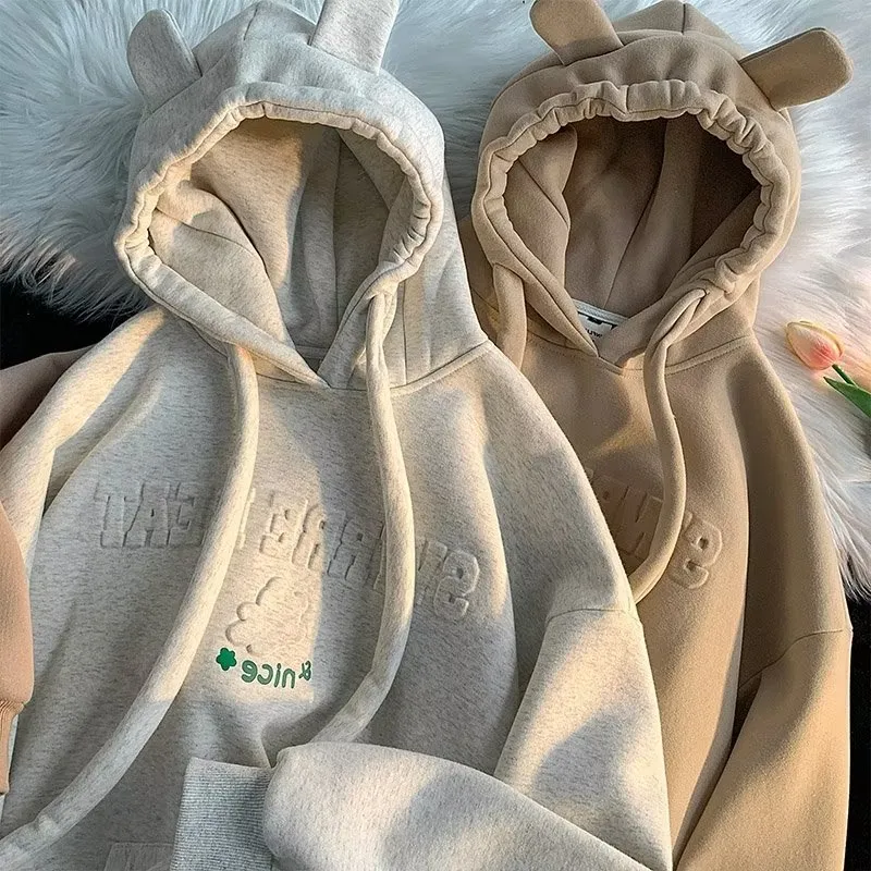 Women's Clothing Fashion brand high street couple sweater female design niche plus velvet thick new lazy style hooded jacket_voghion.com