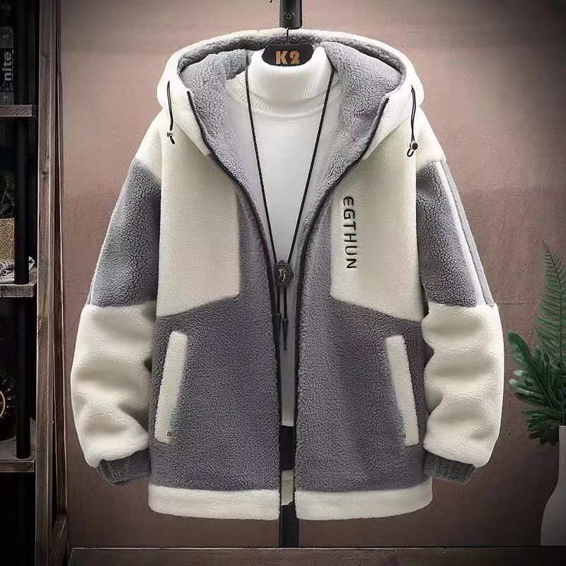 Herbst- und Wintermantel für Herren aus Sherpa-Kapuze, lose, trendige Marke, körniger Veet-Baumwollmantel, verdickt, kontrastierende Farbe, einfach_voghion.com