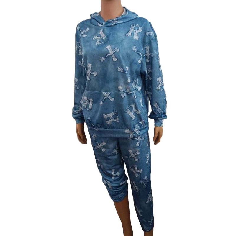 Damenbekleidung Damen bedrucktes Langarm-Sweatshirt mit Tasche 2-teiliges Set Hosenanzug_voghion.com