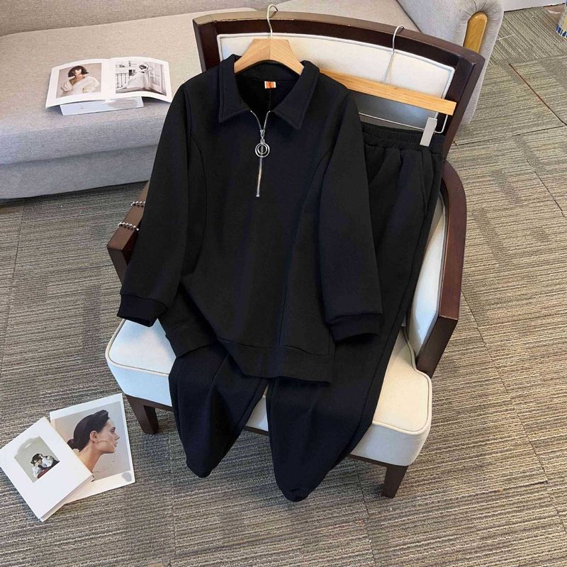 Damenbekleidung Frühling und Herbst Neuer Damen-Sportanzug Extra große Größe Altersreduzierender lässiger einfacher Pullover Zweiteiliger Anzug_voghion.com