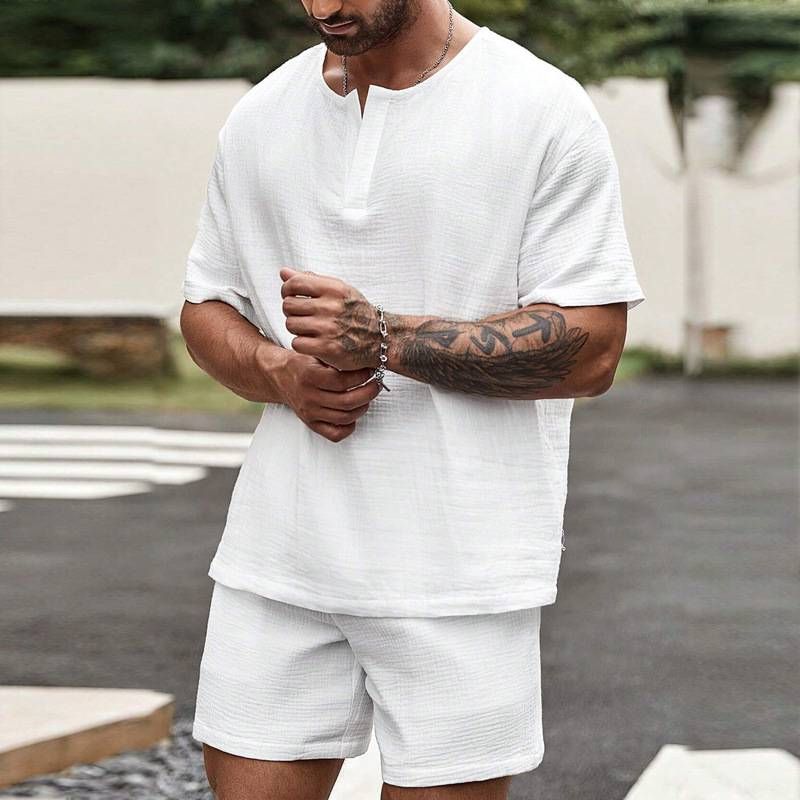 Herenkleding Zomermode Casual Effen Kleur Knoop Shirt Shorts Tweedelig Herenpak Groothandel_voghion.com