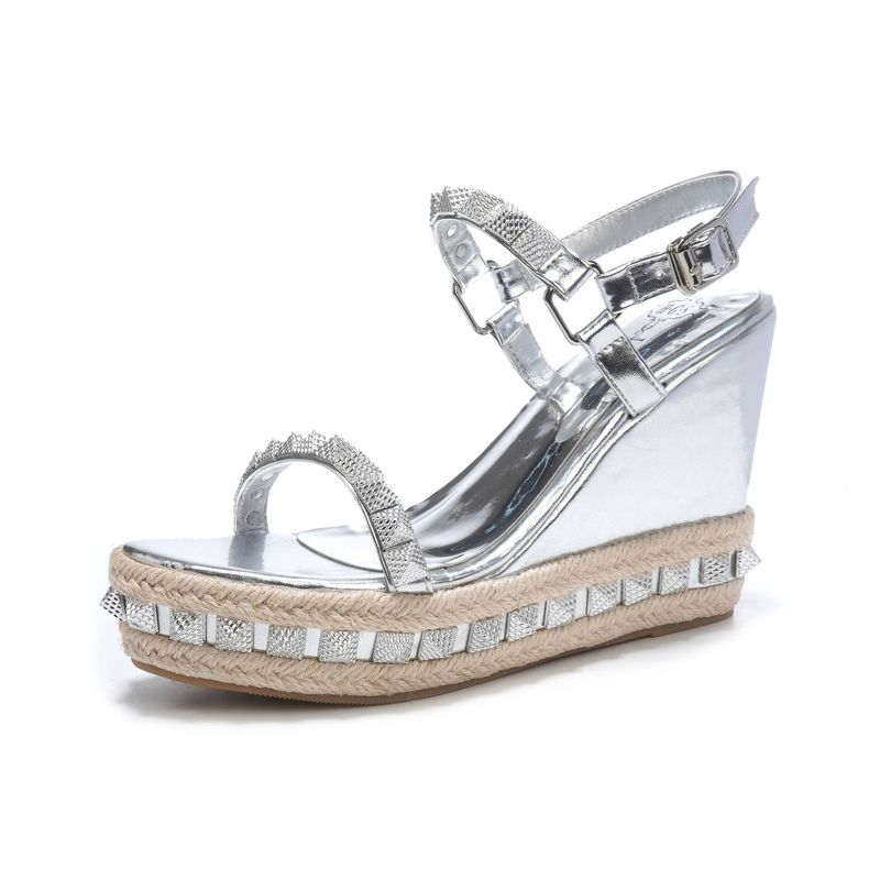 Damskie buty letnie nowe klinowe obcasy gruba podeszwa buty zwiększające wysokość odkryte palce nity jeden pasek sandały sandały na wysokim obcasie_voghion.com