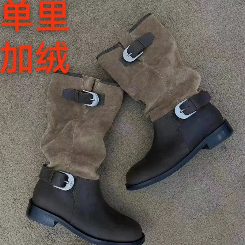Dong Jie Style Long Tube Patchwork Slouch Suede Round Toe Mid-Calf Spring And Autumn New Two-Way Riding Boots For Women_voghion.com