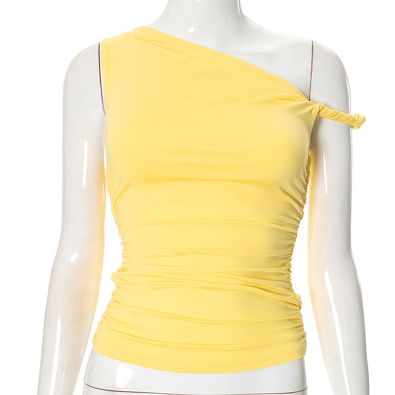 Dammekleeder Einfarweg One-Shoulder-Schiefkragen-Plissé-Asymmetresch Sexy Slim Top_voghion.com