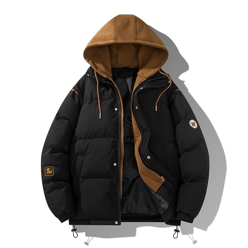 Cappotto invernale in cotone con cappuccio da uomo, finto cappotto in due pezzi spesso e caldo in cotone. Abbigliamento invernale da uomo. Cappotto in cotone da uomo._voghion.com