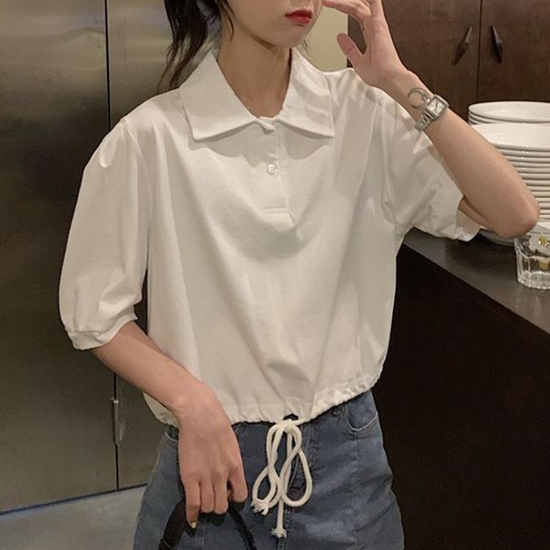 Maglietta a maniche corte da donna alla moda, modello coreano, con colletto POLO, design di nicchia, maglietta grigia dimagrante corta_voghion.com