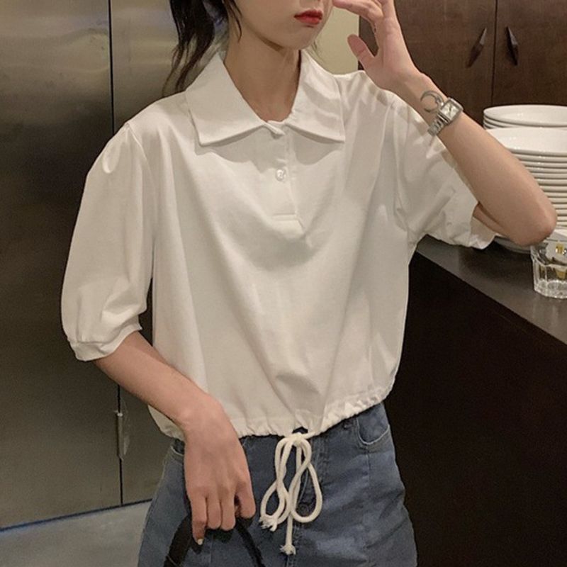 Kurzarm ins trendy frauen basis hemd Koreanische version POLO kragen design gefühl nische grau t-shirt abnehmen kurze_voghion.com