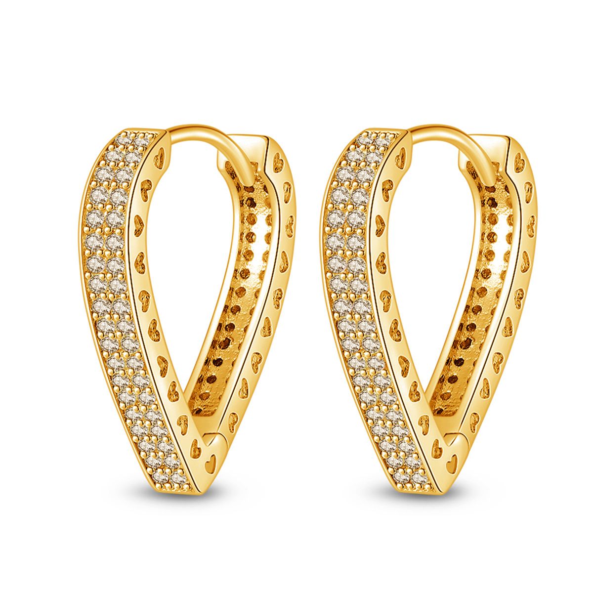 Orecchini da donna in argento placcato rame con zirconi a forma di cuore intarsiati in oro K_voghion.com