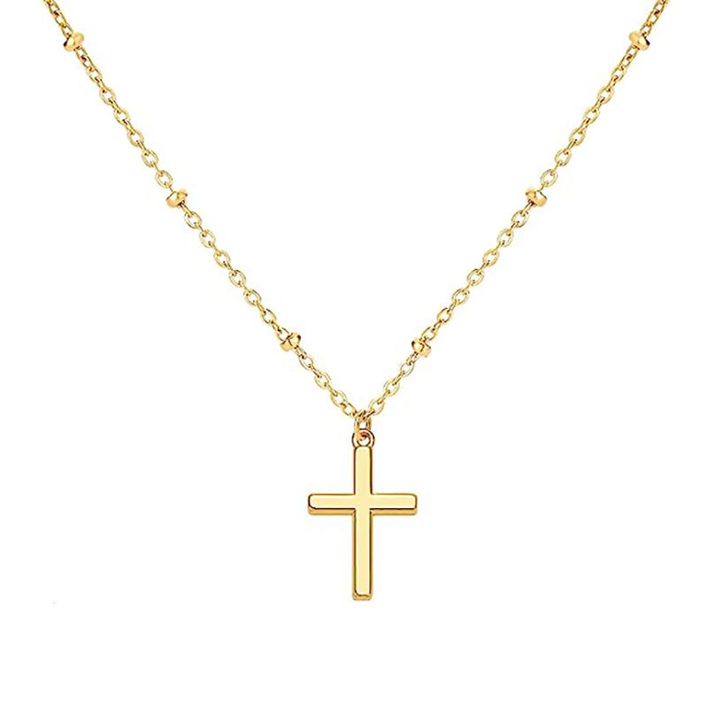 Collana con ciondolo a croce placcato oro K da donna, collana di perline semplice e alla moda_voghion.com