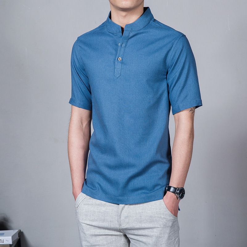 Camisa de lino para hombre, color liso, cuello alto, media tapeta, talla grande, informal, de algodón y lino, color liso_voghion.com