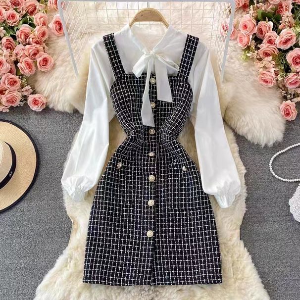 Women's temperament bow tie shirt two-piece suit tweed plaid suspender dress_voghion.com
