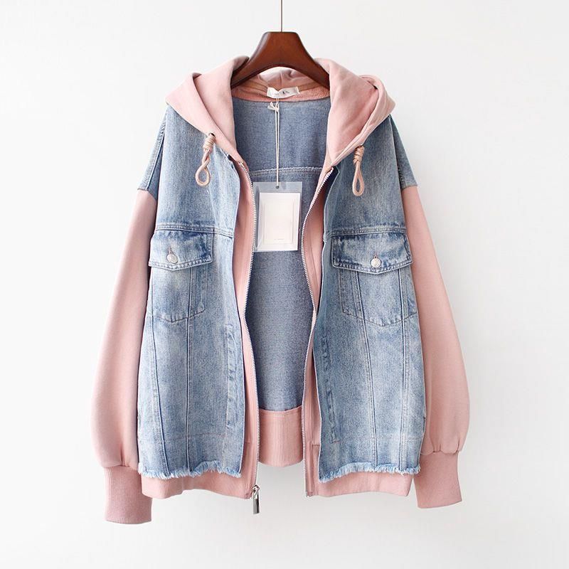 Veste en jean grande taille pour femme – Style baseball à capuche surdimensionnée, coupe confortable (L-4XL, rose/blanc)_voghion.com