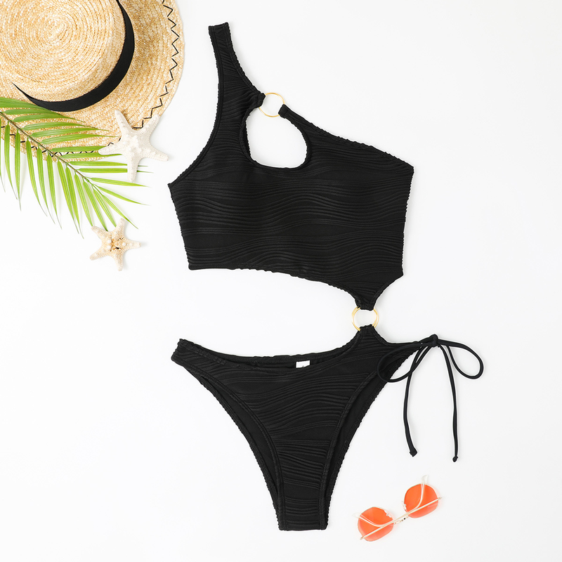 Women's single shoulder strap ring design tight triangle bikini multi-color swimsuit_voghion.com