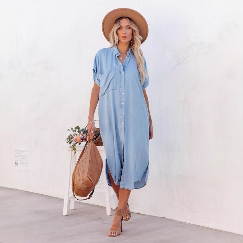 New Fashionable Solid Color Denim Short Sleeved Dress, Mid To Long Slit Lined Dress_voghion.com