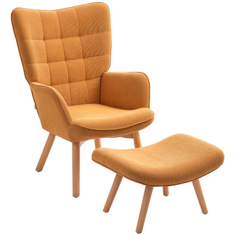 HOMCOM Sessel Mit Hocker, Ohrensessel Mit Hoher Rückenlehne, Holzbeine, Loungesessel Mit Getuftetem Design, Cord-Optik, Für Wohnzimmer, Braun_voghion.com