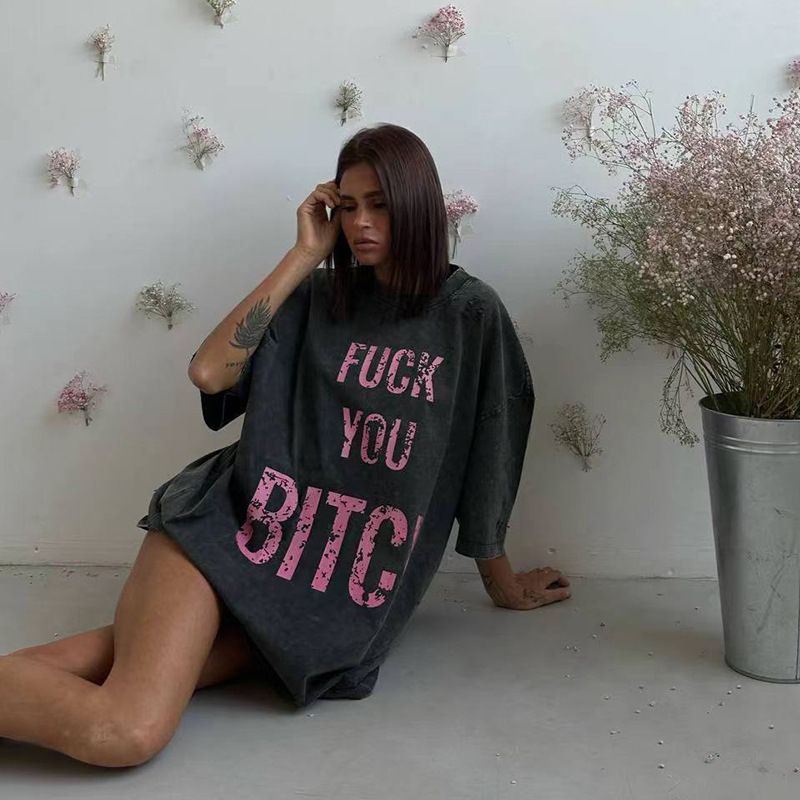 Women's Clothing Street Style Oversize Washed Distressed Letter Print Casual Round Neck Short Sleeved T Shirt For Women_voghion.com