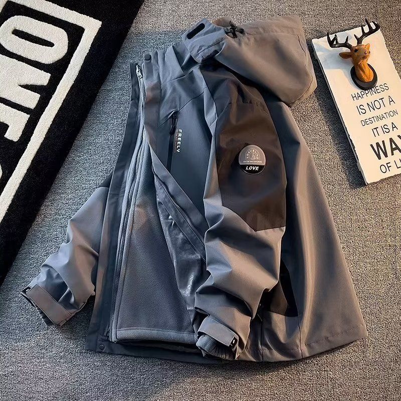 ​​„Herren 3-in-1 abnehmbare Winterjacke mit Fleecefutter, schwerer wasserabweisender Kapuzenmantel für Wanderungen und Outdoor-Abenteuer (Schwarz/Grau)“​​_voghion.com