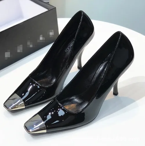 Black patent leather high heels for women 2024 new spring and autumn thin heel metal square head design sense of niche single shoe temperament_voghion.com