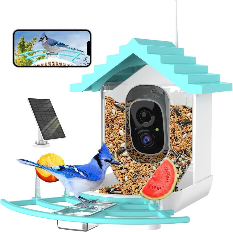 Mangeoire à oiseaux avec caméra, identification des espèces par IA, caméra intelligente pour oiseaux à énergie solaire, enregistrement automatique de vidéos 2K dans le jardin_voghion.com