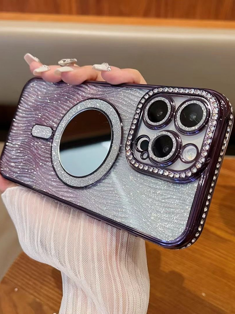 Coque magnétique de luxe à strass pour iPhone 16 Pro/15/14 - Finition miroir avec motif vague et support intégré_voghion.com