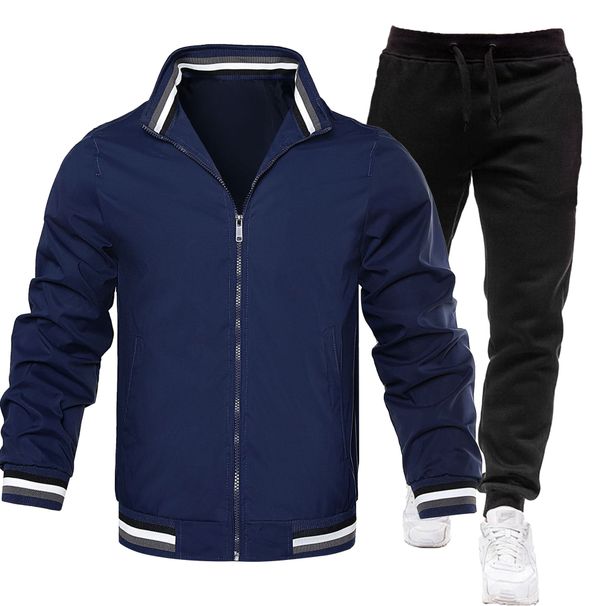 Men's Casual Suit Set – Half Stand Collar Zipper Cardigan & Trousers (Autumn/Winter)_voghion.com