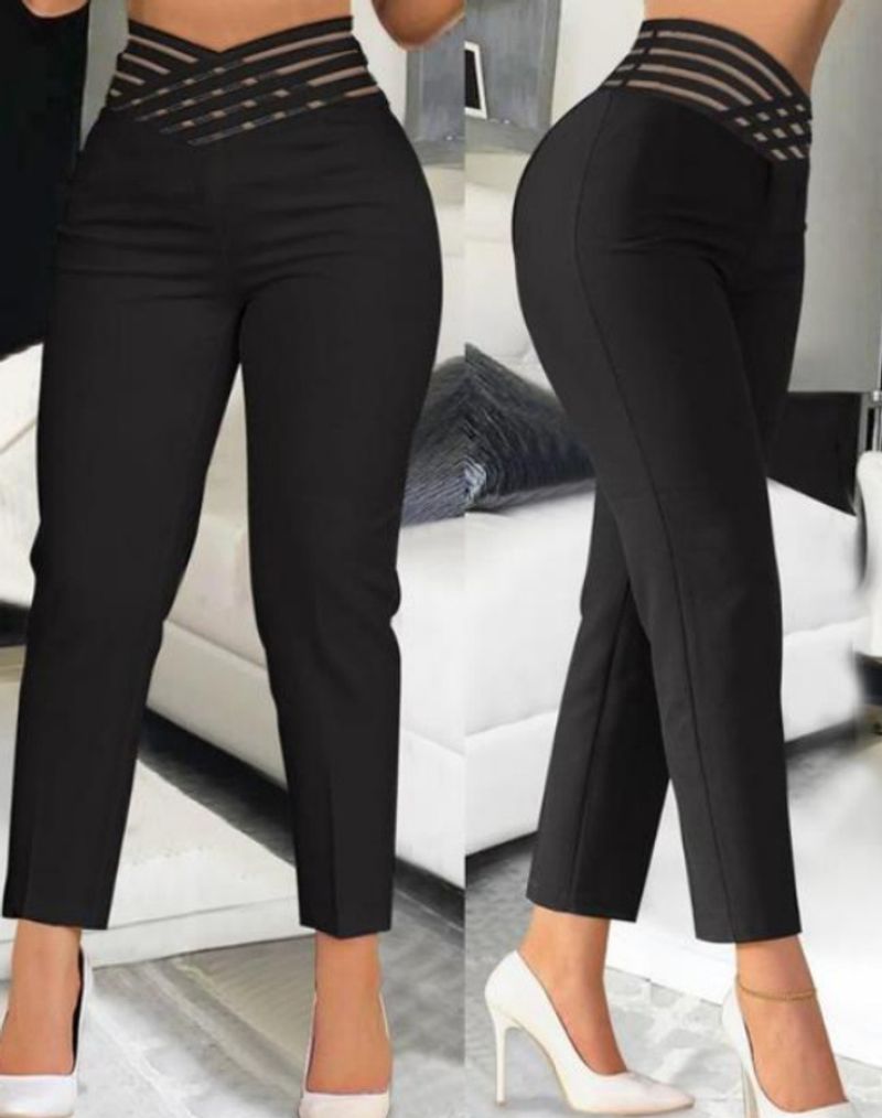 European and American women's woven belt hollow belt temperament commuting high waist casual solid pencil cropped pants_voghion.com