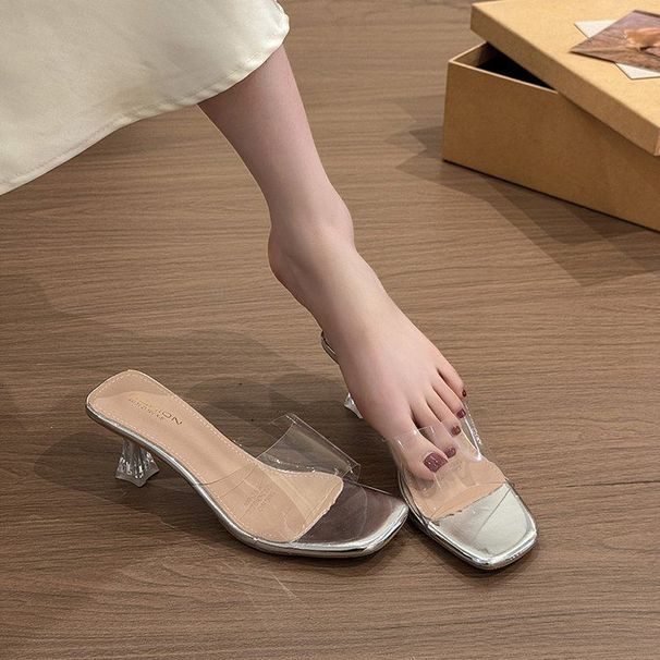 Sandali con tacco alto da donna, con abito estivo trasparente in cristallo, con tacco spesso e ovoidale, capispalla freschi_voghion.com