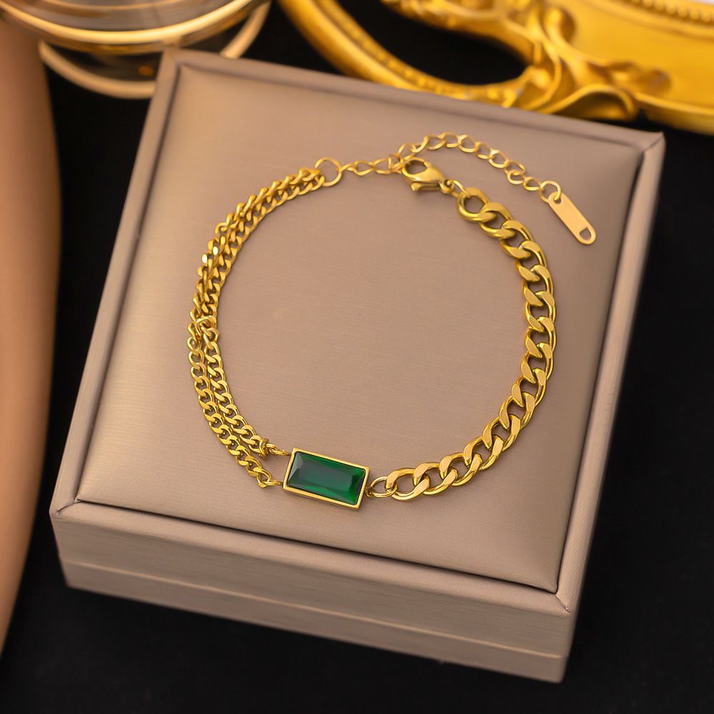 Set di collana e orecchini con bracciale quadrato verde semplice e zircone a doppia catena impilati per donna_voghion.com