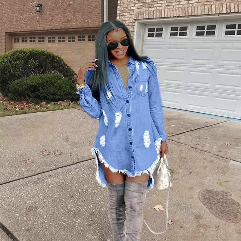 Women's Denim Tops Whitening Short Front and Long Back Irregular Jumpsuit_voghion.com