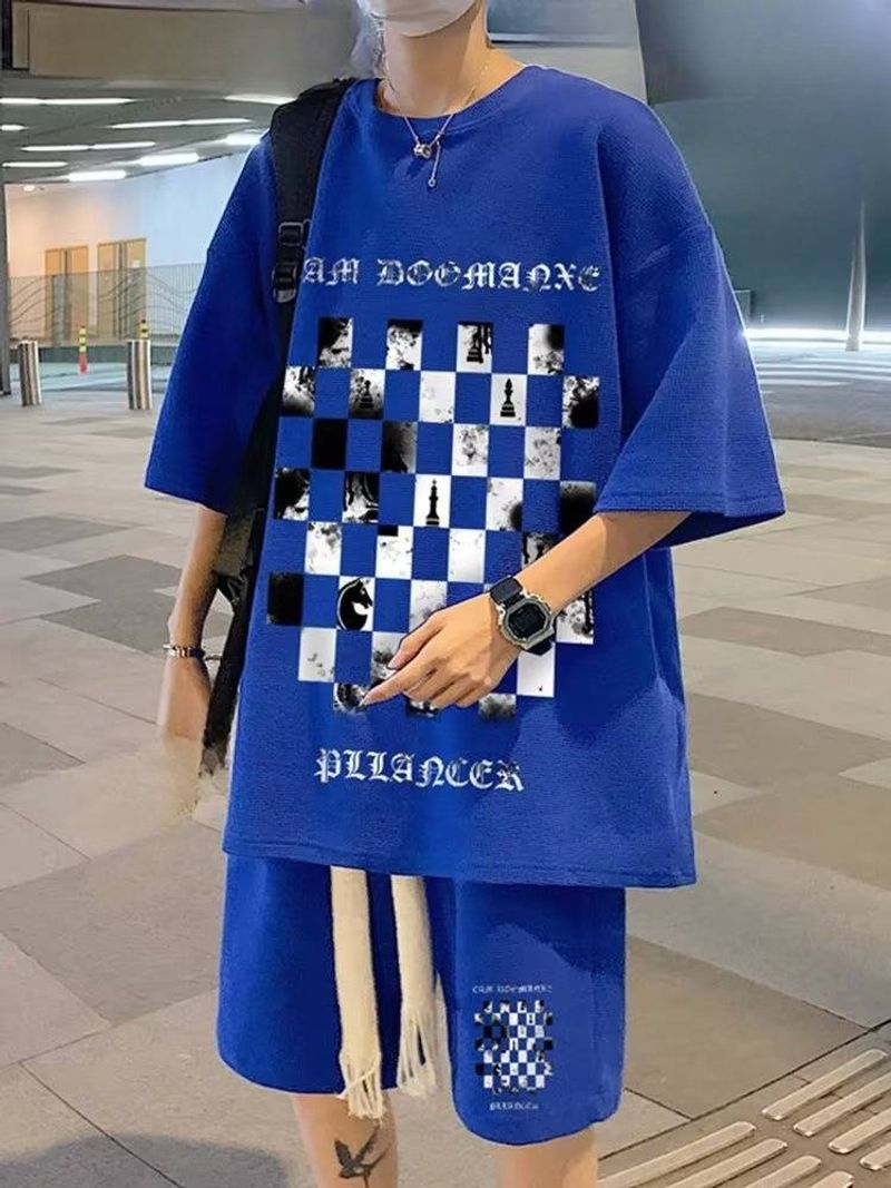 Men's Waffle Suit Checkerboard t-Shirt Short-Sleeved Shorts Casual Large Size Loose Two-Piece Suit_voghion.com