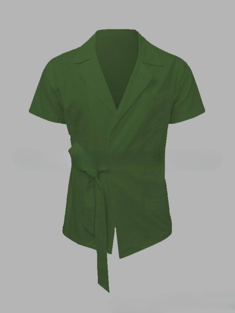 Chemise à manches courtes et revers en coton et lin pour homme, couleur unie, été_voghion.com