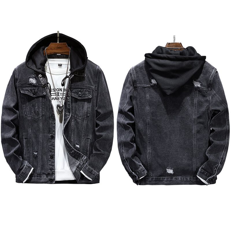 Abbigliamento da uomo Giacca casual da uomo di tendenza Giacca in denim con cappuccio staccabile strappata per uomo_voghion.com