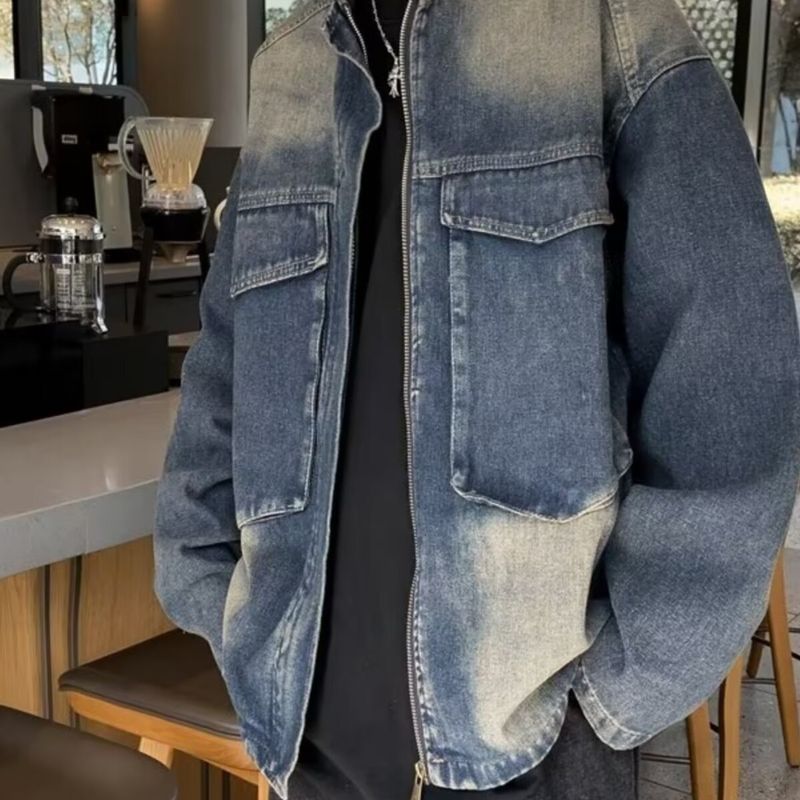 Retro herbst neue reißverschluss design, lose denim jacke, männer high street workwear, gewaschen große tasche jacke_voghion.com