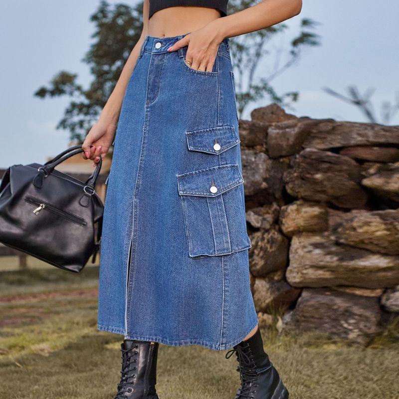 Jupe mi-longue décontractée en jean à taille élastique pour femme_voghion.com