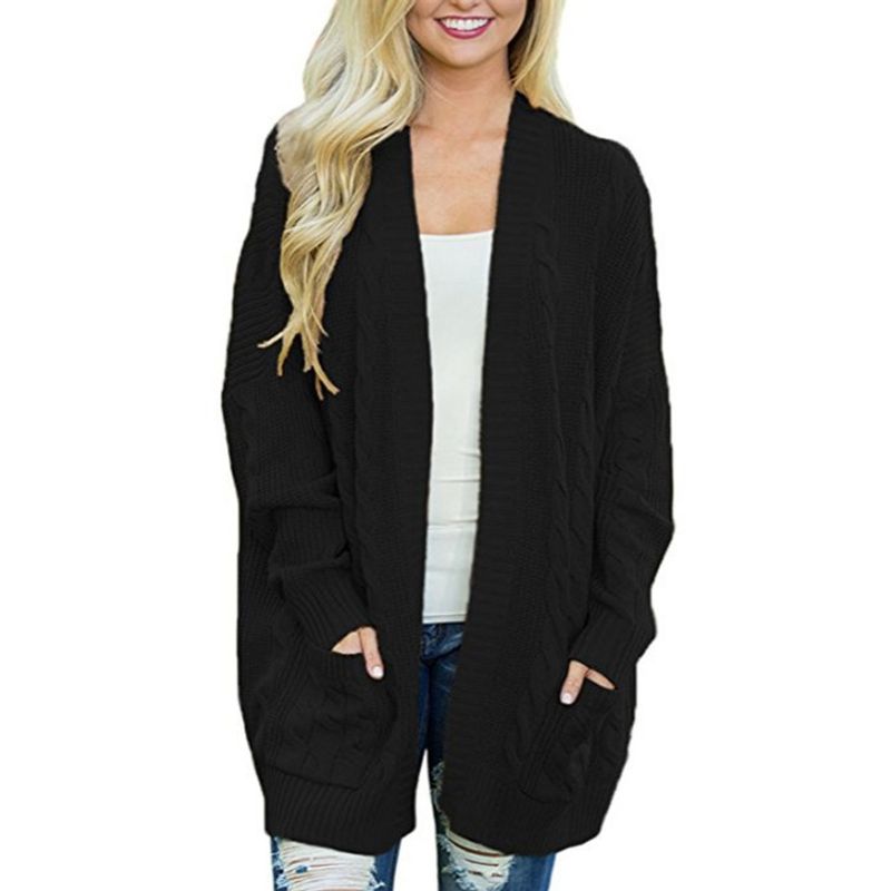 Cardigan da donna in maglia twist di media lunghezza e taglie forti con doppia tasca_voghion.com