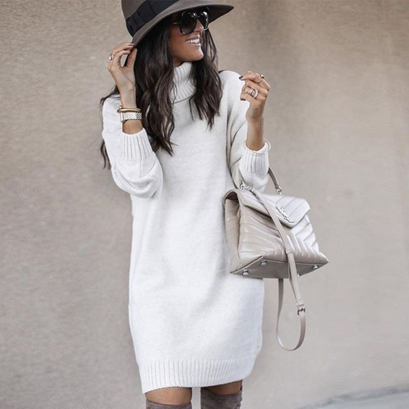 Pull à col roulé mi-long de couleur unie pour femme, haut à la mode_voghion.com