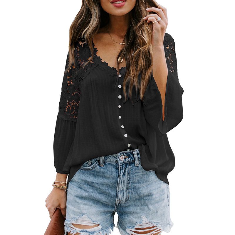 Camicia in pizzo allentata di grandi dimensioni da donna, manica lunga, tinta unita, pullover in chiffon, camicia a V profonda, vendite dirette in fabbrica_voghion.com