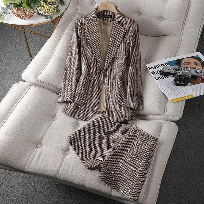 Ensemble deux pièces Blazer pour femmes, nouvelle mode printemps automne, veste de costume Vintage à paillettes, short élégant décontracté + carreaux brillants_voghion.com