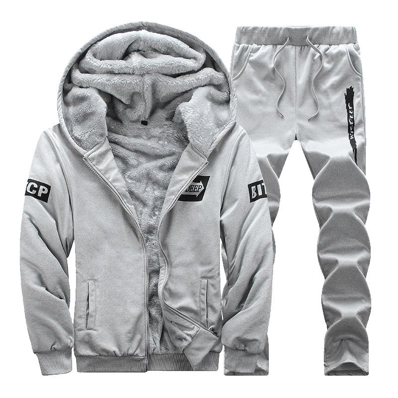 Winter fleece hoodie men's hooded sports suit long sleeved two-piece set European plus size_voghion.com
