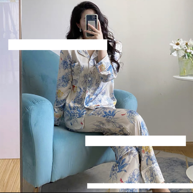 Monet çiçekli deniz ipeği saten buz ipek pijama ev giyim seti hafif lüks couture kadın baskılı uzun kollu uzun hırka_voghion.com