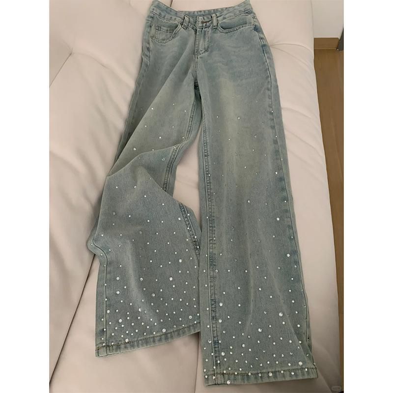 Damenbekleidung Hot Diamond Wide Leg Jeans All Match Design Hohe Taille Schlanke Gerade Hose_voghion.com