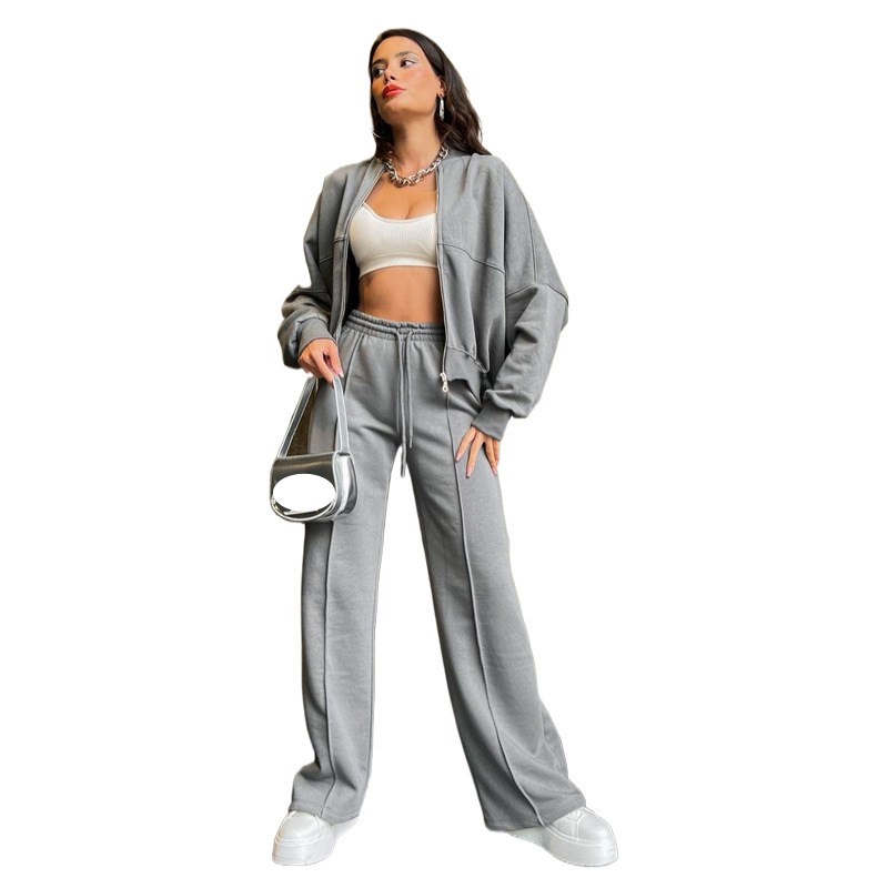 Damen Active Sets Herbst und Winter Einfarbig Reißverschluss Strickjacke Sweatshirt Damenmode Lässiger Gerader Hosenanzug_voghion.com