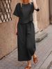 Women's large size suit linen leisure loose solid color suit two-piece suit_voghion.com