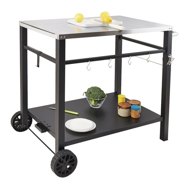 VEVOR Outdoor Grill Dining Cart With Double-Shelf, BBQ Movable Food Prep Table, Multifunctional Stainless Steel Table Top, Portable Modular Carts For Pizza Oven, Worktable With 2 Wheels, Carry Handle_voghion.com