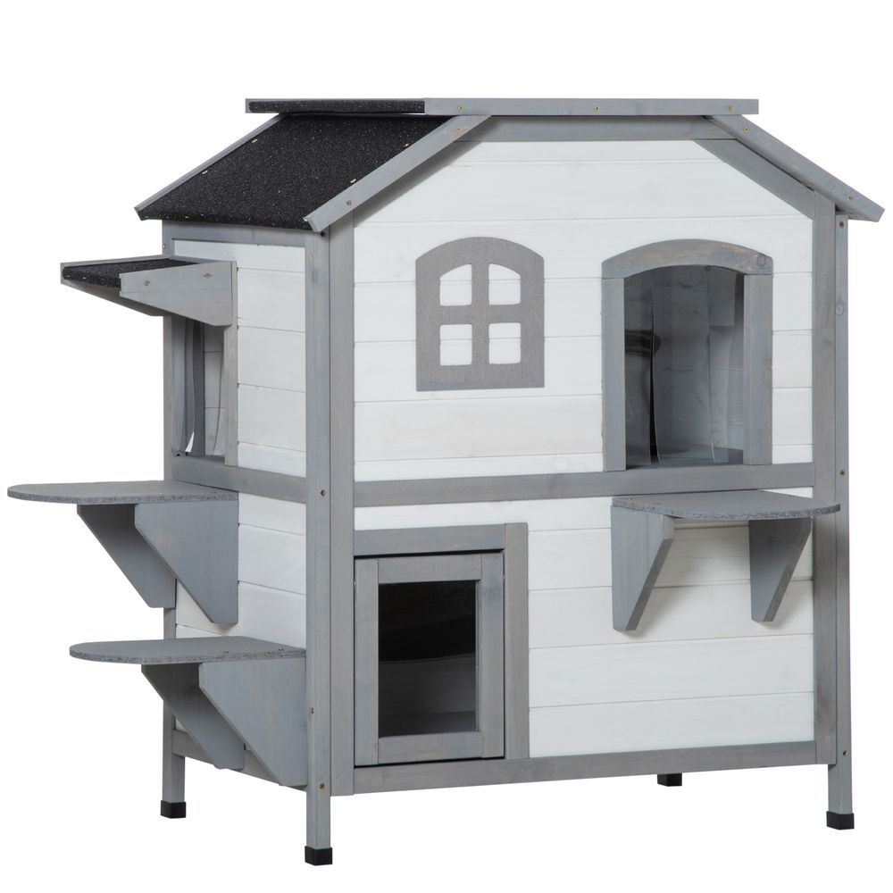PawHut 2-story Cat House Outdoor, Weatherproof Wooden Cat Enclosure For Feral Cats With Escape Door, Openable Roof, Jumping Platforms, White_voghion.com