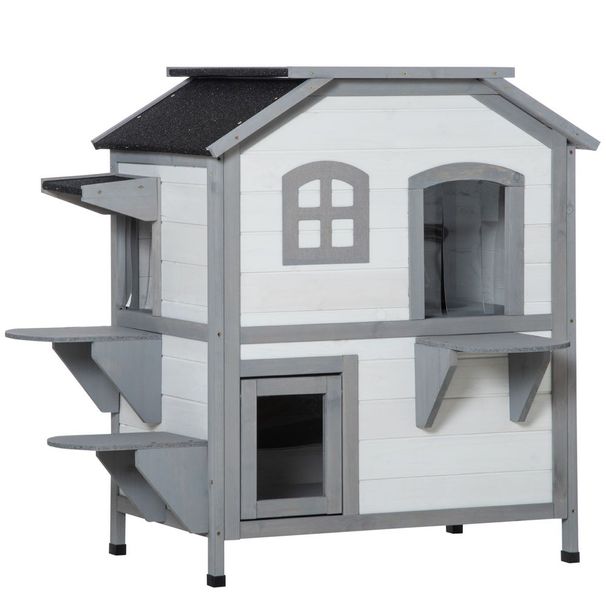 PawHut 2-story Cat House Outdoor, Weatherproof Wooden Cat Enclosure For Feral Cats With Escape Door, Openable Roof, Jumping Platforms, White_voghion.com