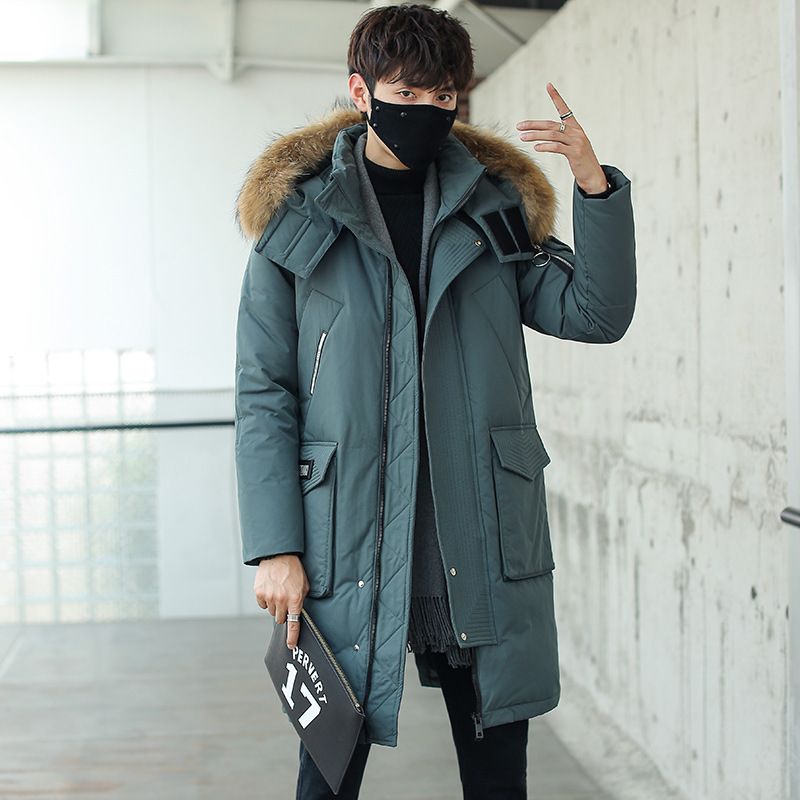 2024 new large fur collar mid length men's white duck down thickened warm over the knee jacket_voghion.com