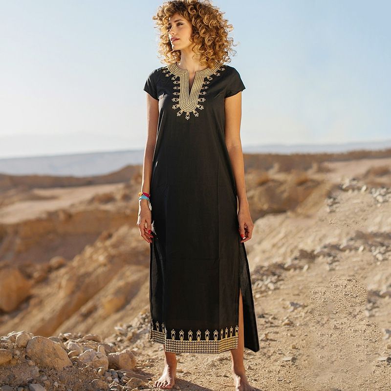 Women's Clothing Embroidery Jacket Black Rayon Long Beach Cover Up Dress With Gold Embroidery - Bikini Swimwear Tunic For Vacation & Resort Wear​​_voghion.com
