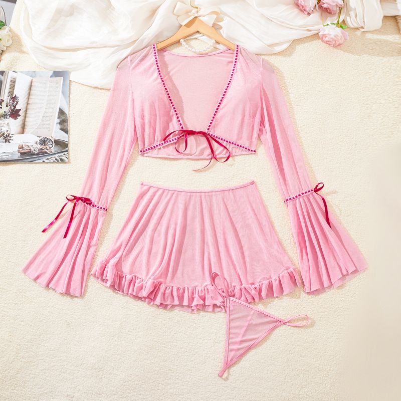Women's Intimates Sexy Lingerie Perspective Temptation Passion Uniform Top Short Skirt Thong Three Piece Set_voghion.com